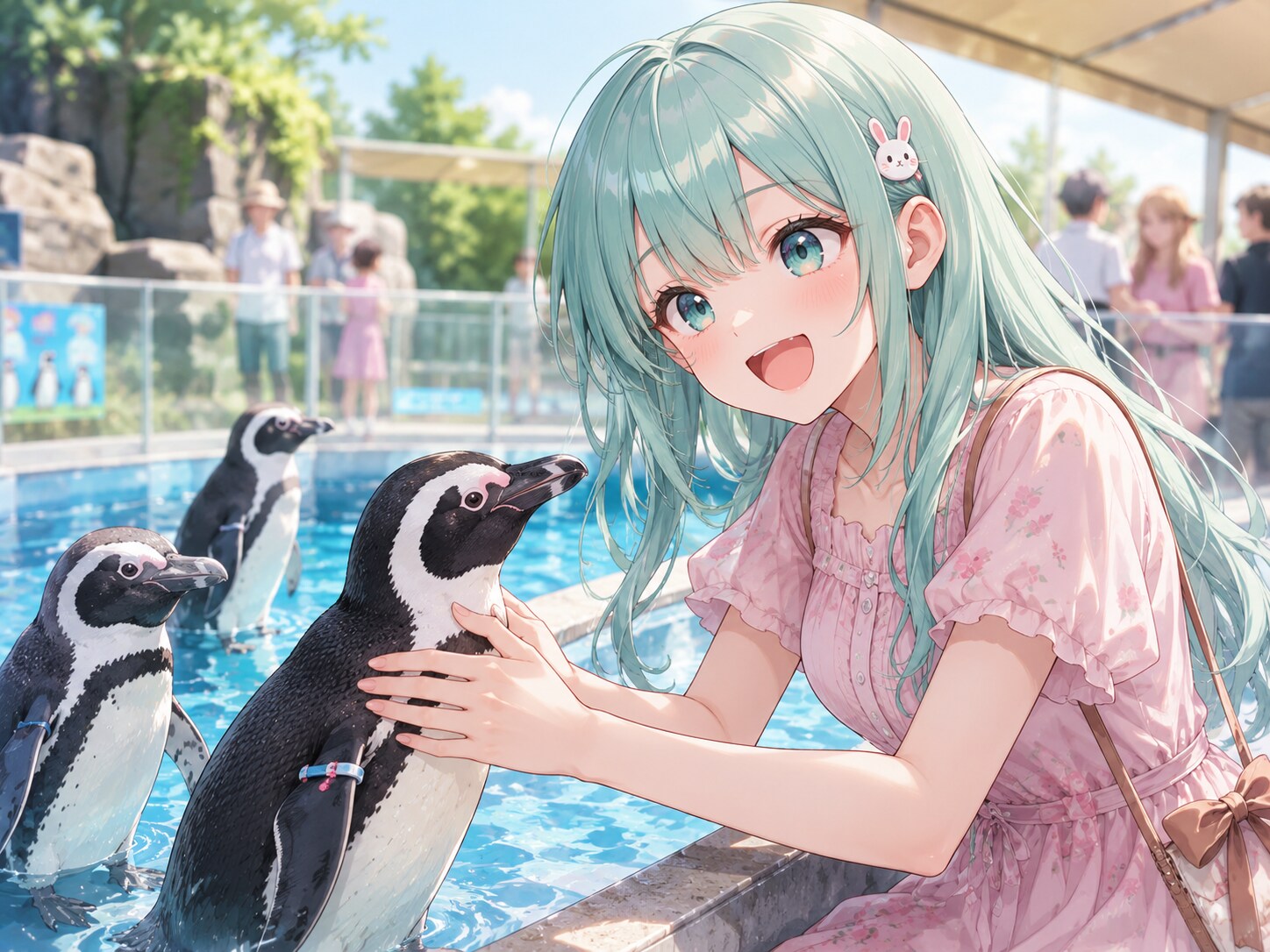 ペンギンとふれあう初香ちゃん
