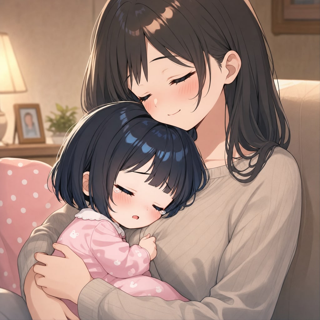 泣き疲れて、ママに抱っこされたまま寝ちゃったちーちゃん。
