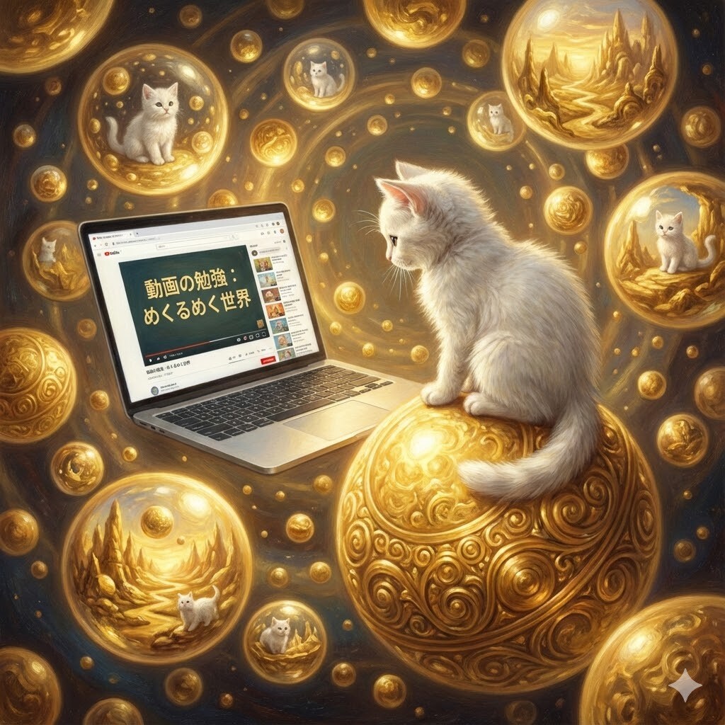 金色の玉と白い子猫の世界