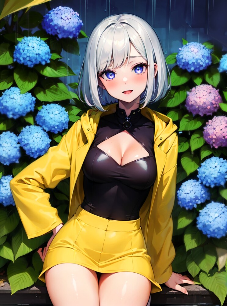 アジサイと黄色のレインコートの彼女！