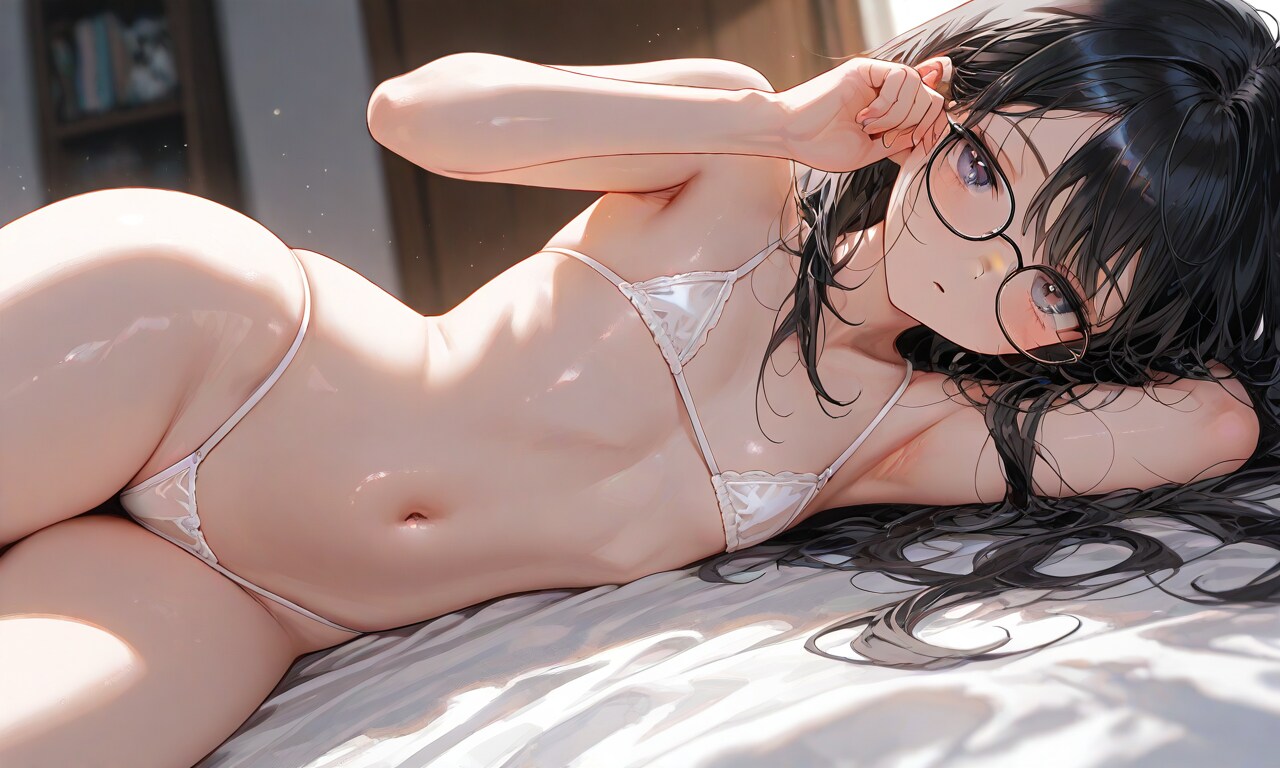 黒髪メガネロング下着