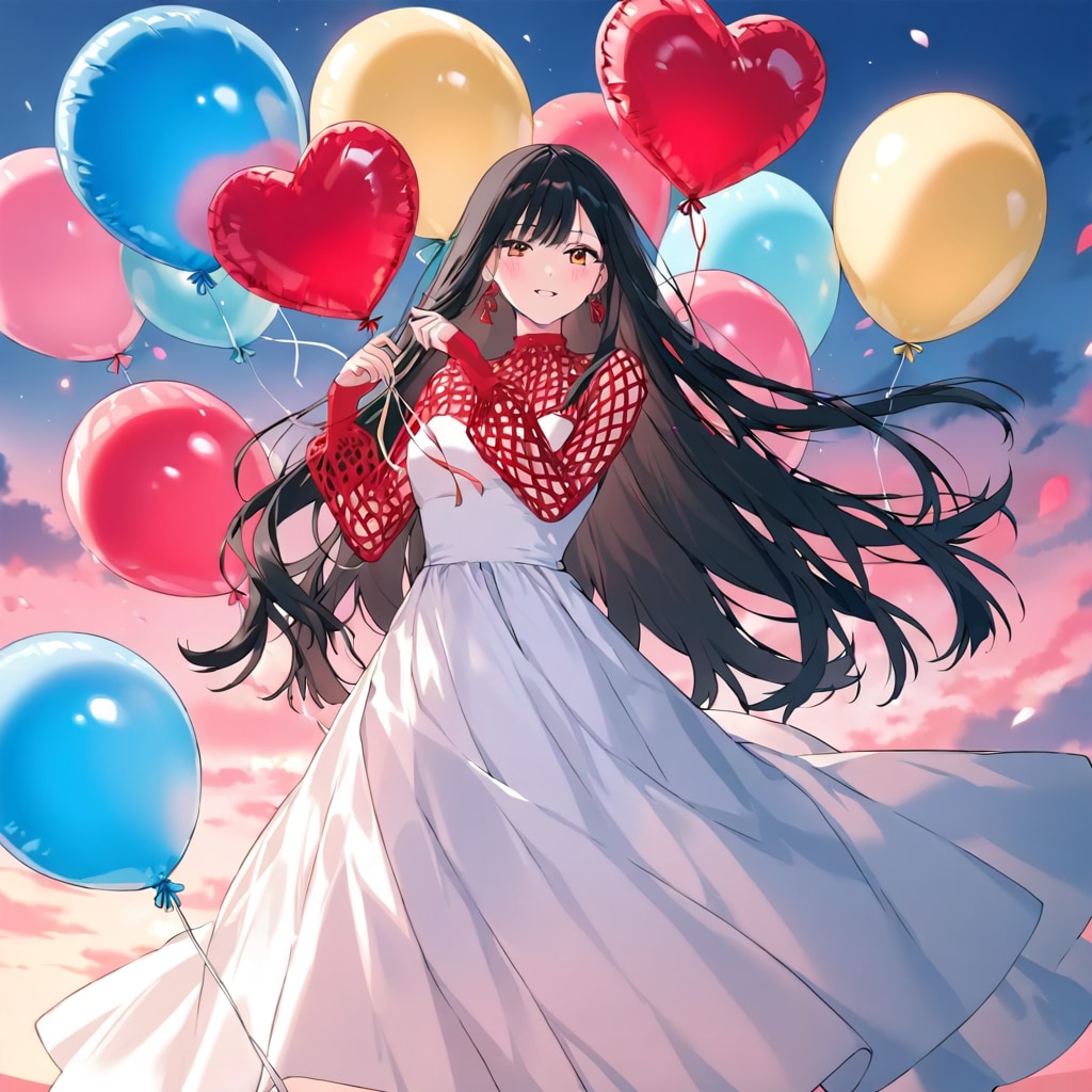 いっぱい色とりどりの風船を持つ黒髪ロングの白いドレス着た美女