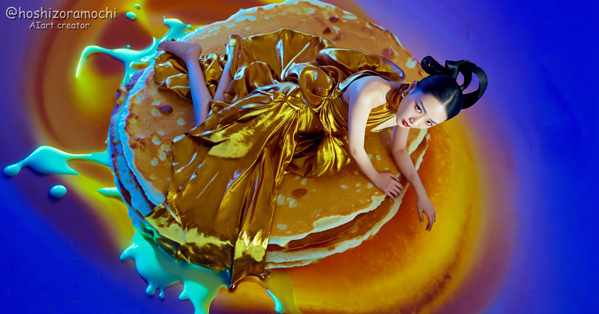 パンケーキの上のゴールドドレス美女✨