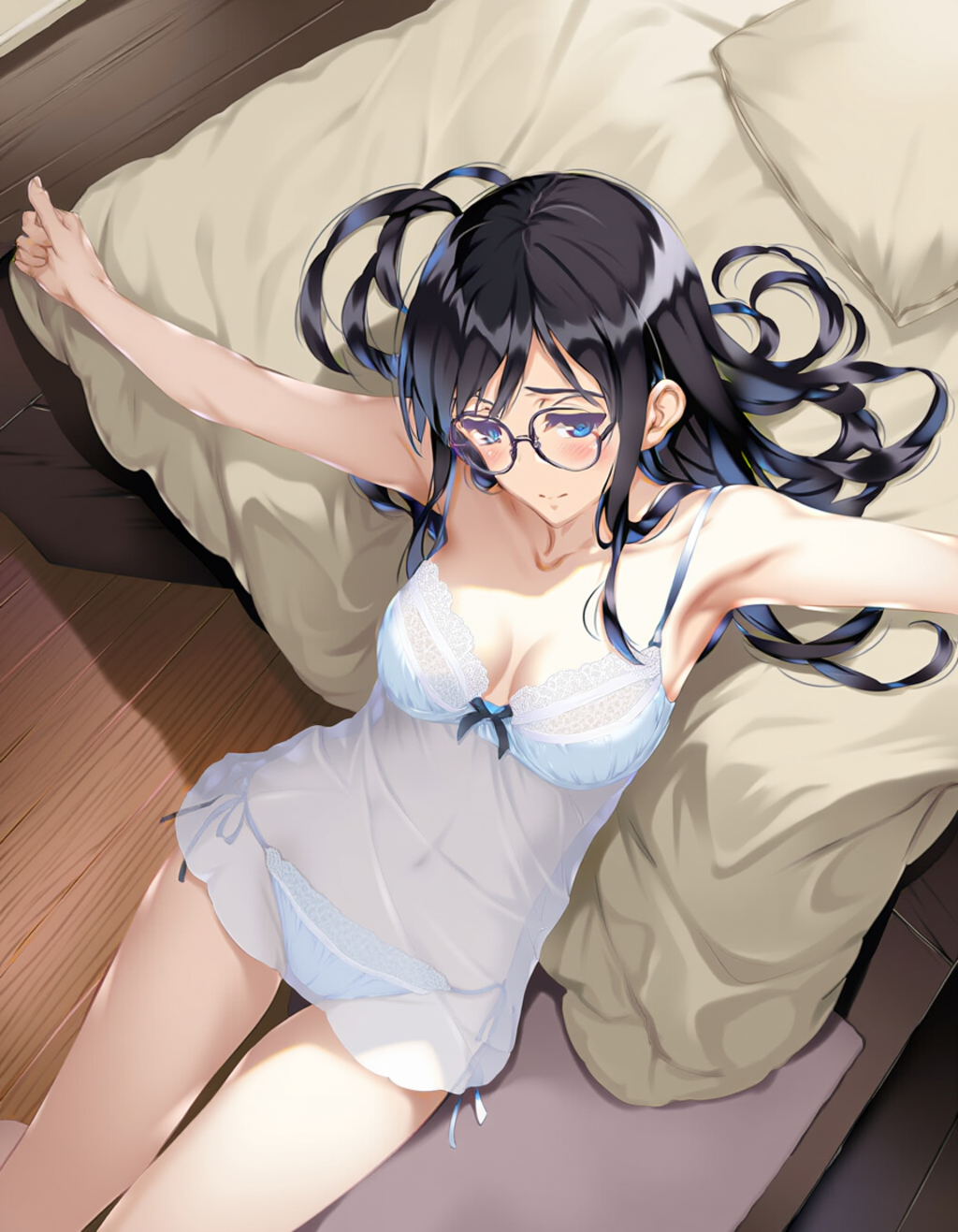bed invitation, lightblue lingerie
