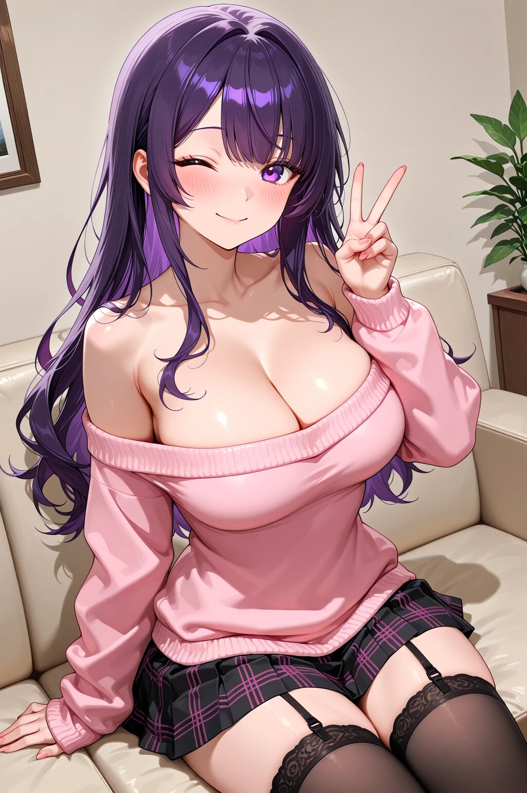 紫髪娘(オフショルダーセーターのすがた)