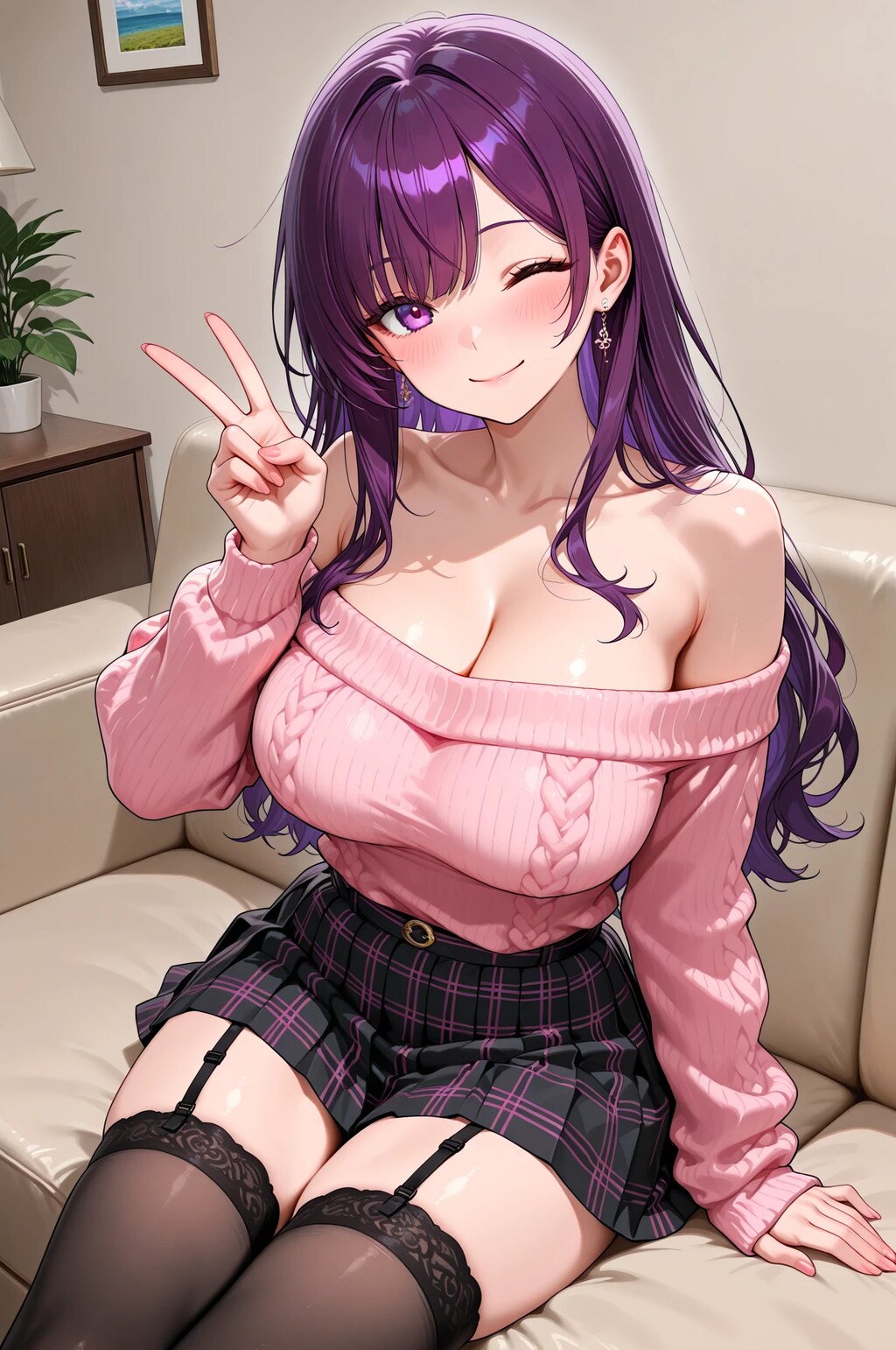 紫髪娘(オフショルダーセーターのすがた)