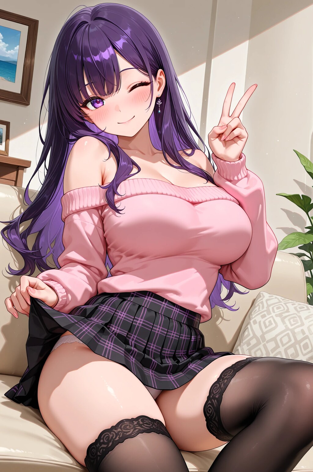 紫髪娘(オフショルダーセーターのすがた)