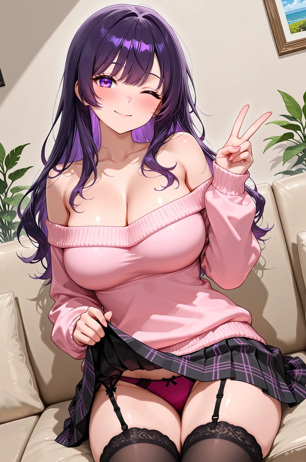 紫髪娘(オフショルダーセーターのすがた)