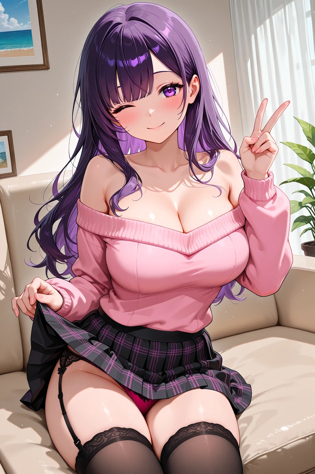 紫髪娘(オフショルダーセーターのすがた)