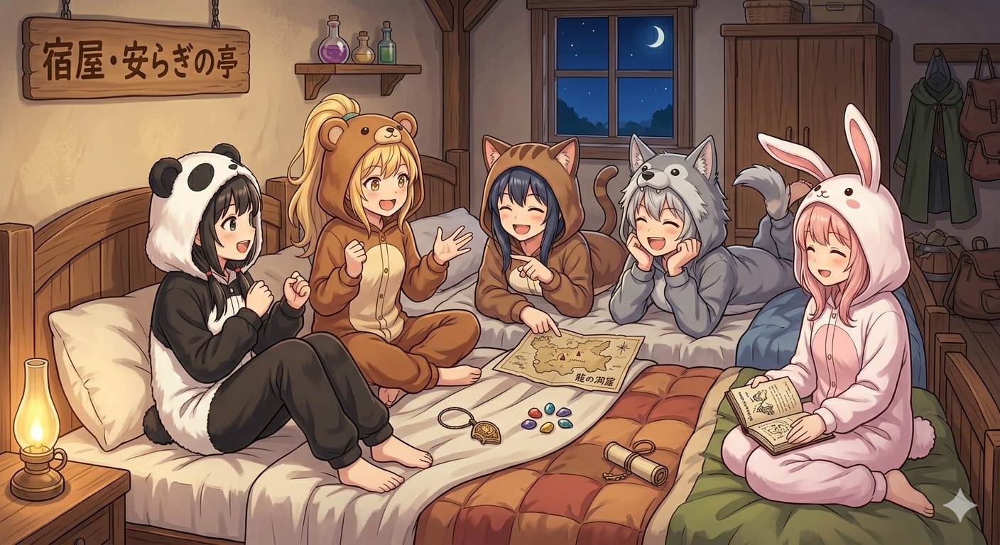 【All0407a】冒険者宿屋に泊まり、ベッドの上で今日の冒険の反省会（モデル: NanoBanana2） | の人気AIイラスト・グラビア