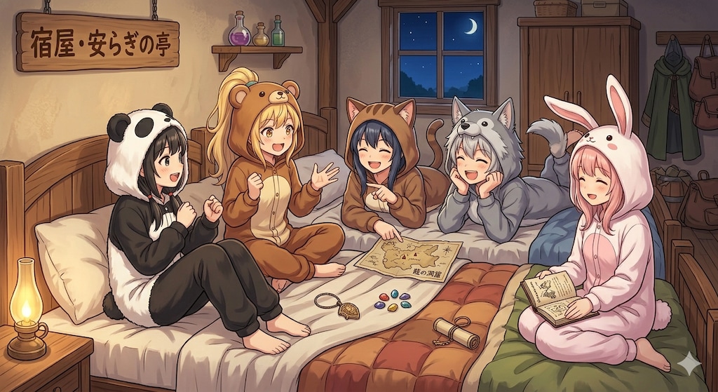 【All0407a】冒険者宿屋に泊まり、ベッドの上で今日の冒険の反省会（モデル: NanoBanana2）