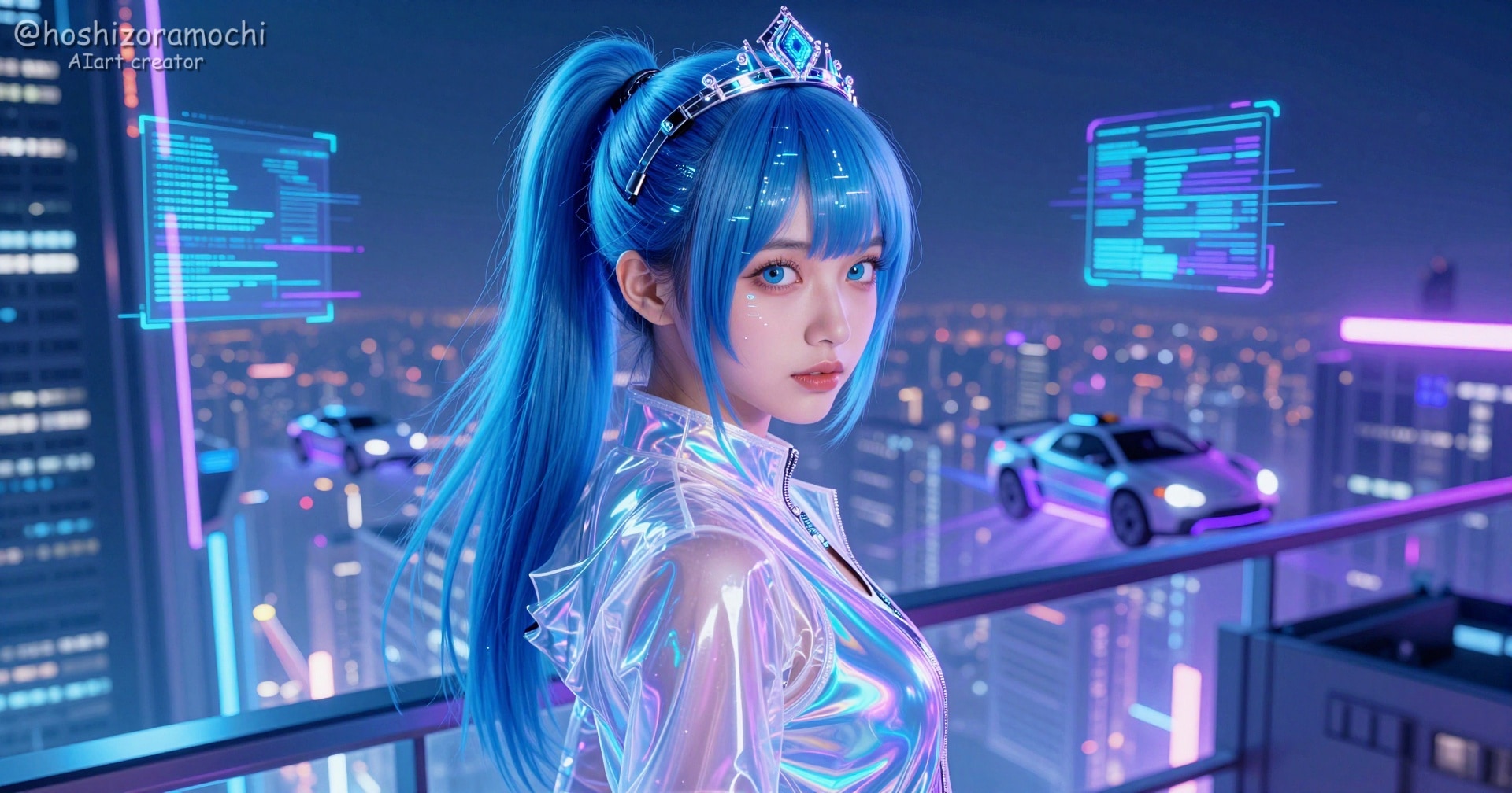 サイバー・プリンセス｜夜の摩天楼を見下ろす、ブルーポニーテールの未来都市ミューズ 🏙️⚡️💎💙