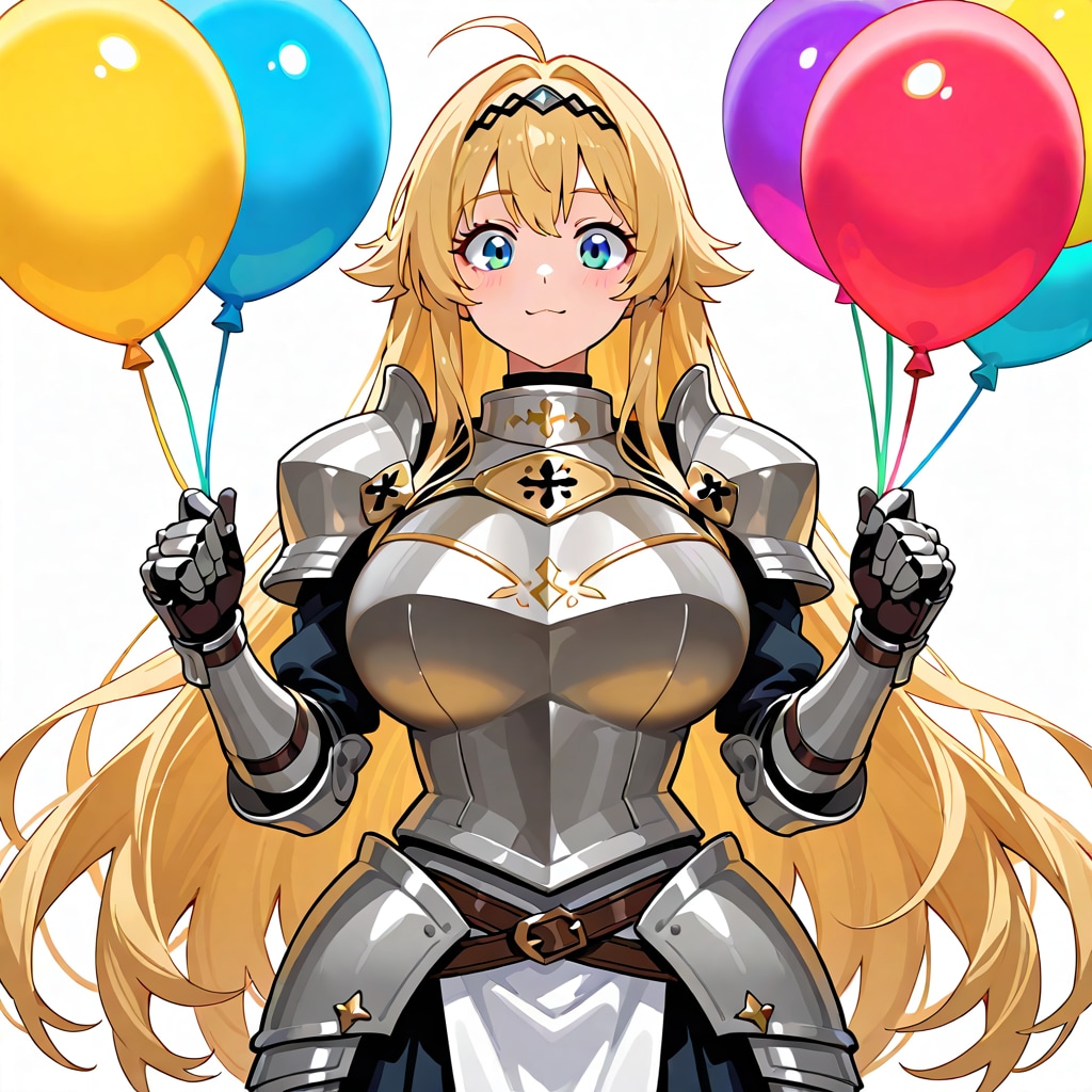 いっぱい色とりどりの風船を持つブロンドロングの美女騎士