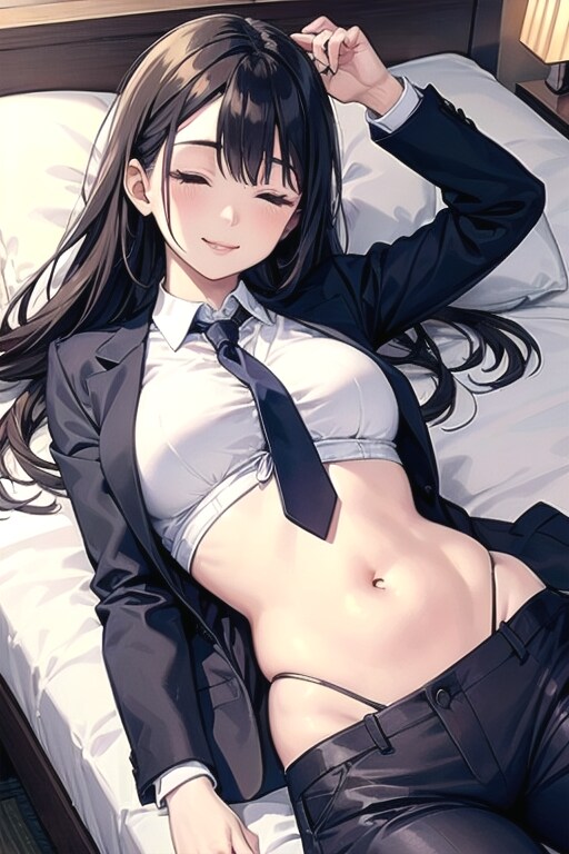 へそ出しスーツOLのホテルベッド