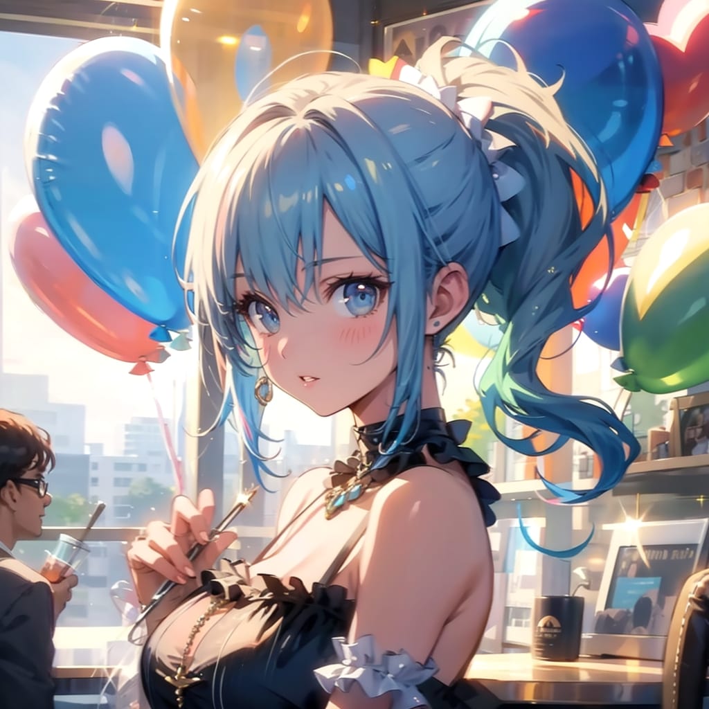 いっぱい色とりどりの風船を持つ水色髪ポニーテールのアイドル