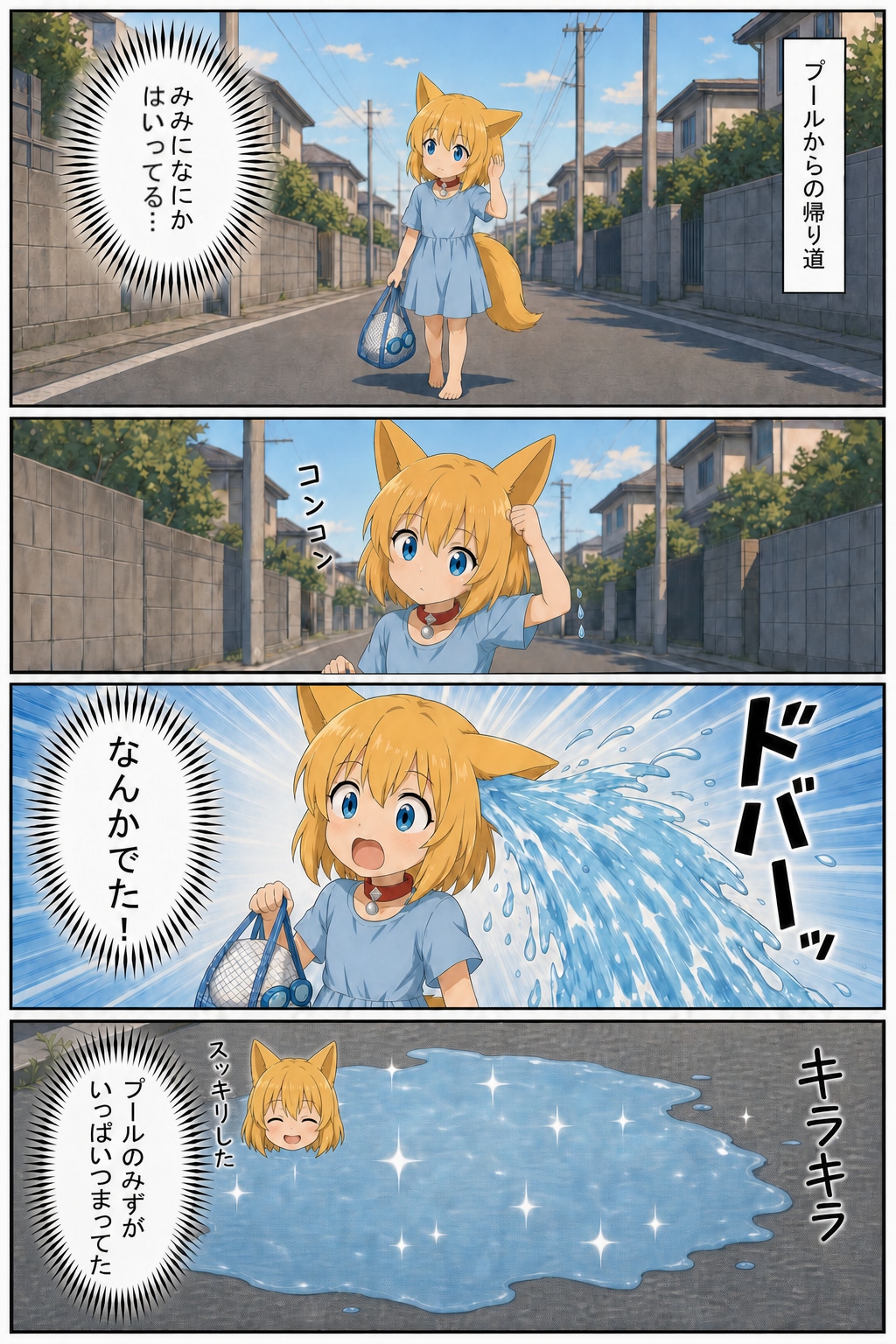 夏の光を反射してきらめく水たまりを路上に生み出すキツネ