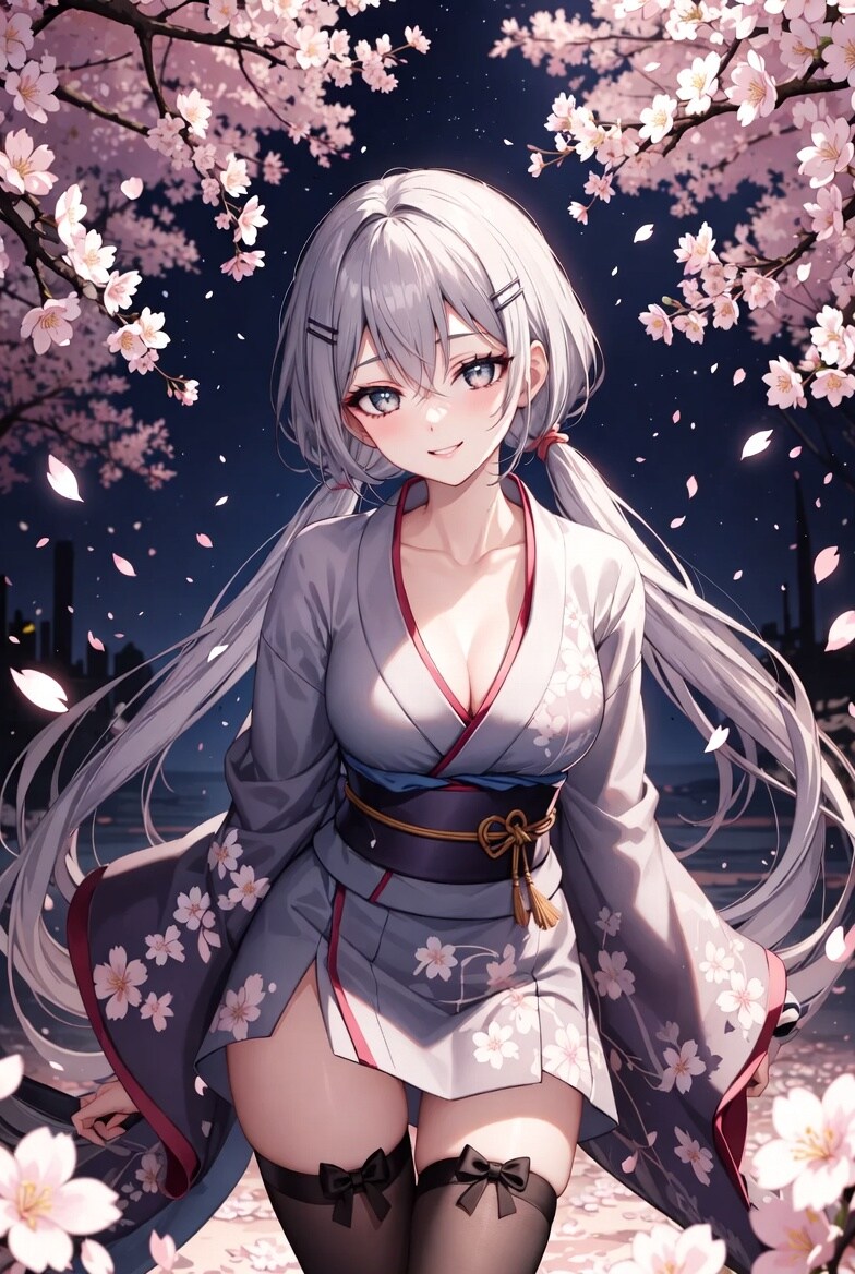夜桜と美人と着物