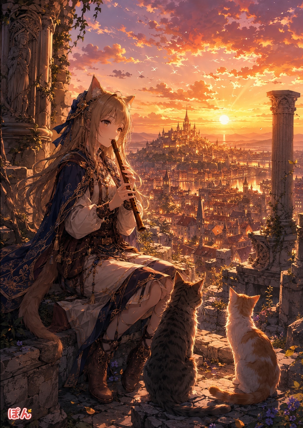 夕映えの神殿に響く笛