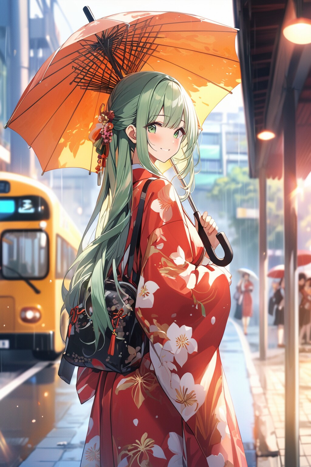 雨のバス停