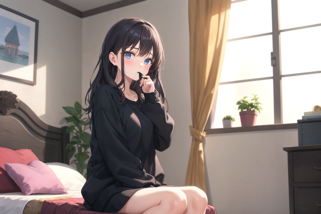 ヘアゴムを咥えている