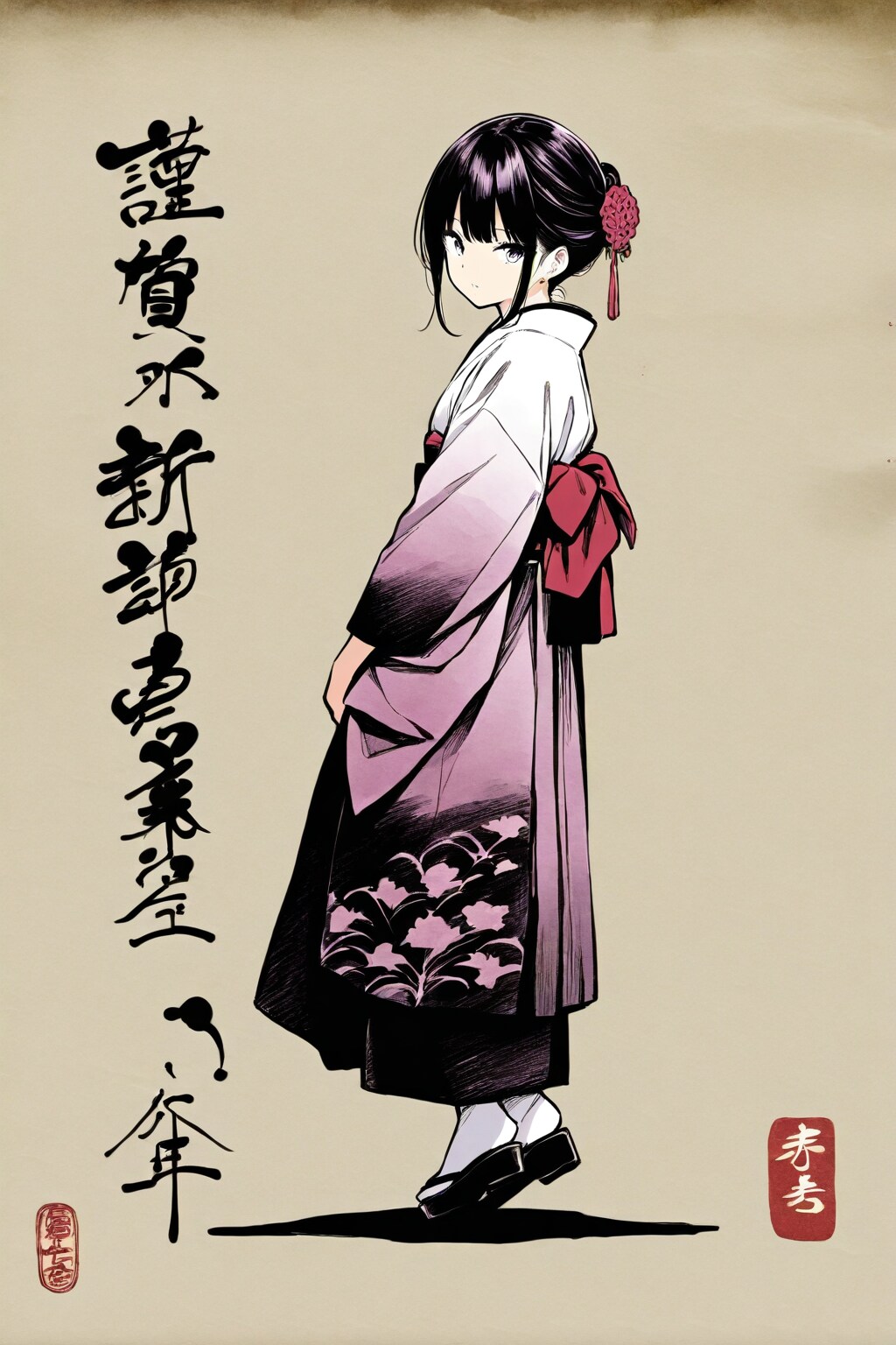 水墨画風の和装美人の振り返る様子の全身像