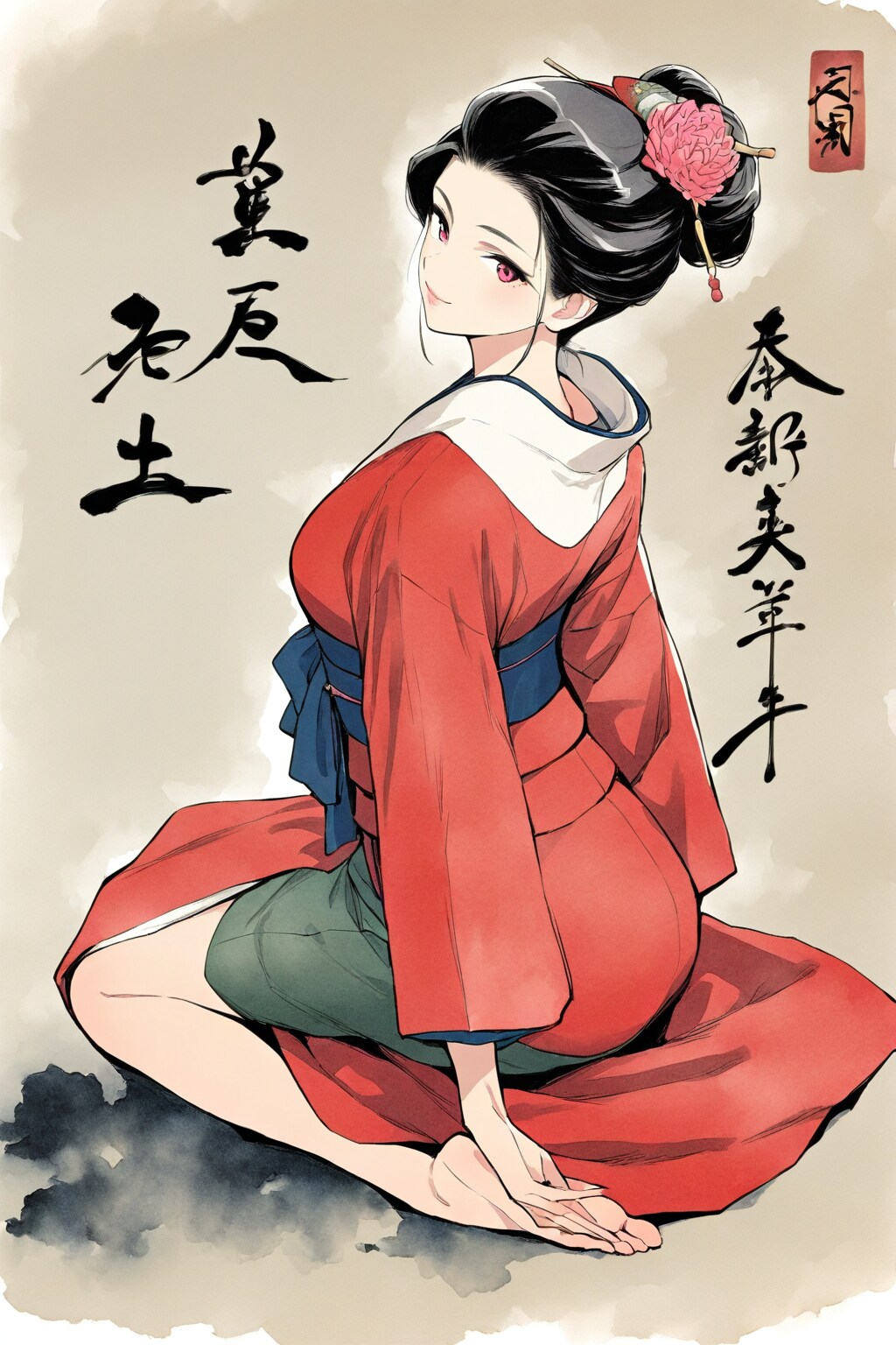 水墨画風の和装美人の振り返る様子の全身像 | の人気AIイラスト・グラビア