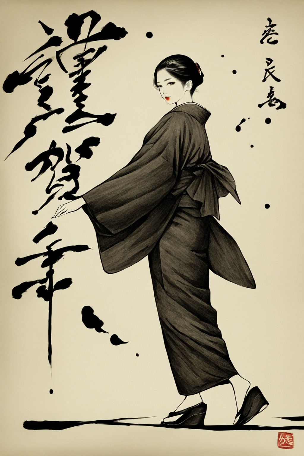 水墨画風の和装美人の振り返る様子の全身像