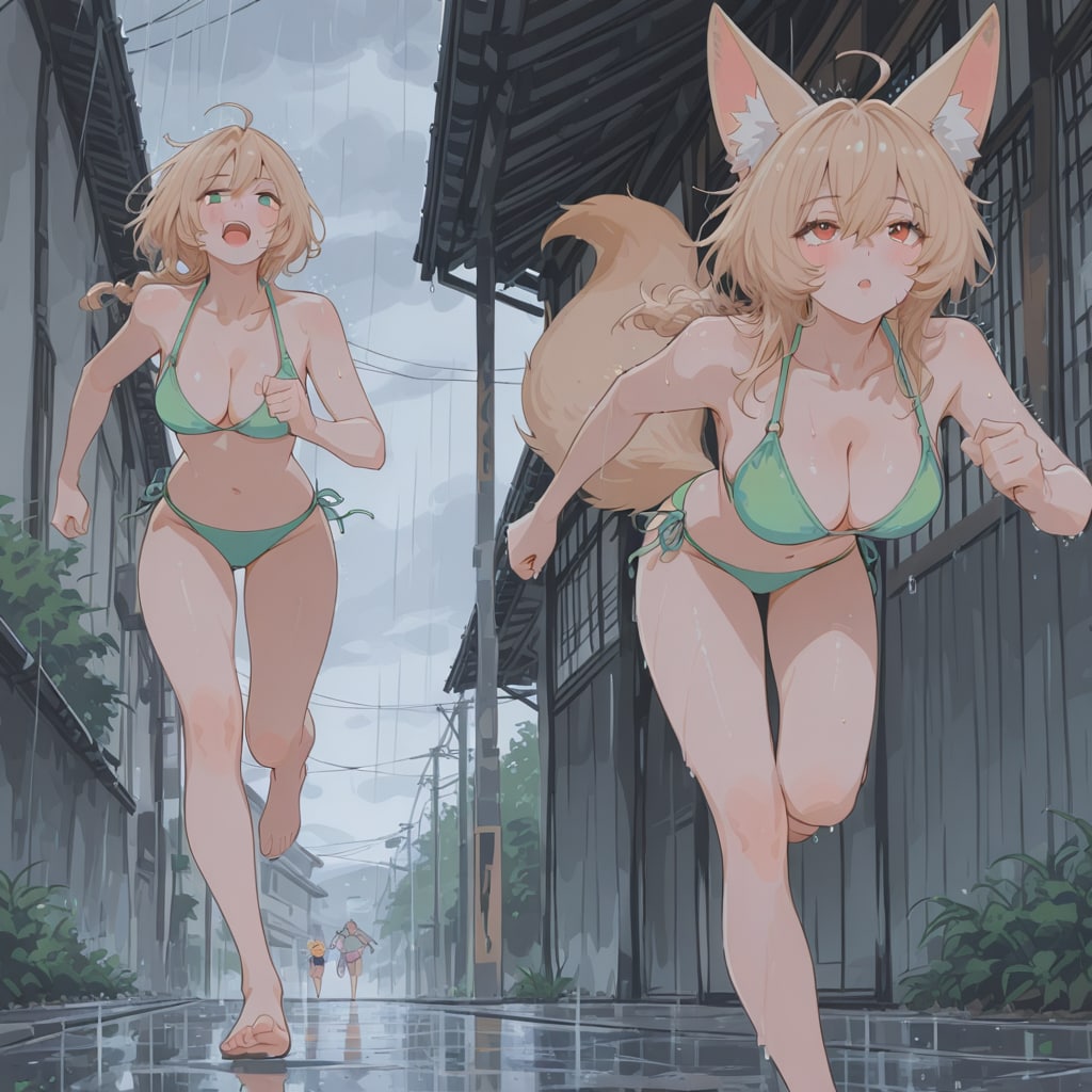 雨中走るMILFさんたち