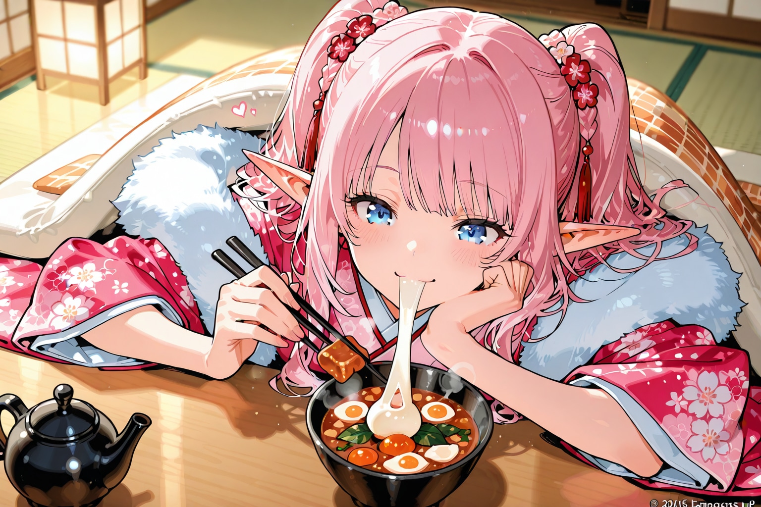 おしるこ？をたべるエルフ女の子 | の人気AIイラスト・グラビア