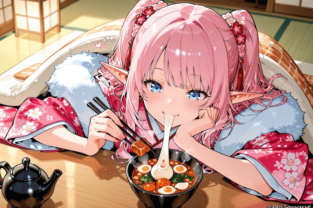 おしるこ？をたべるエルフ女の子