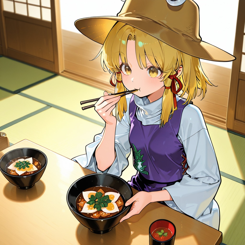 和室で食事をとる諏訪子