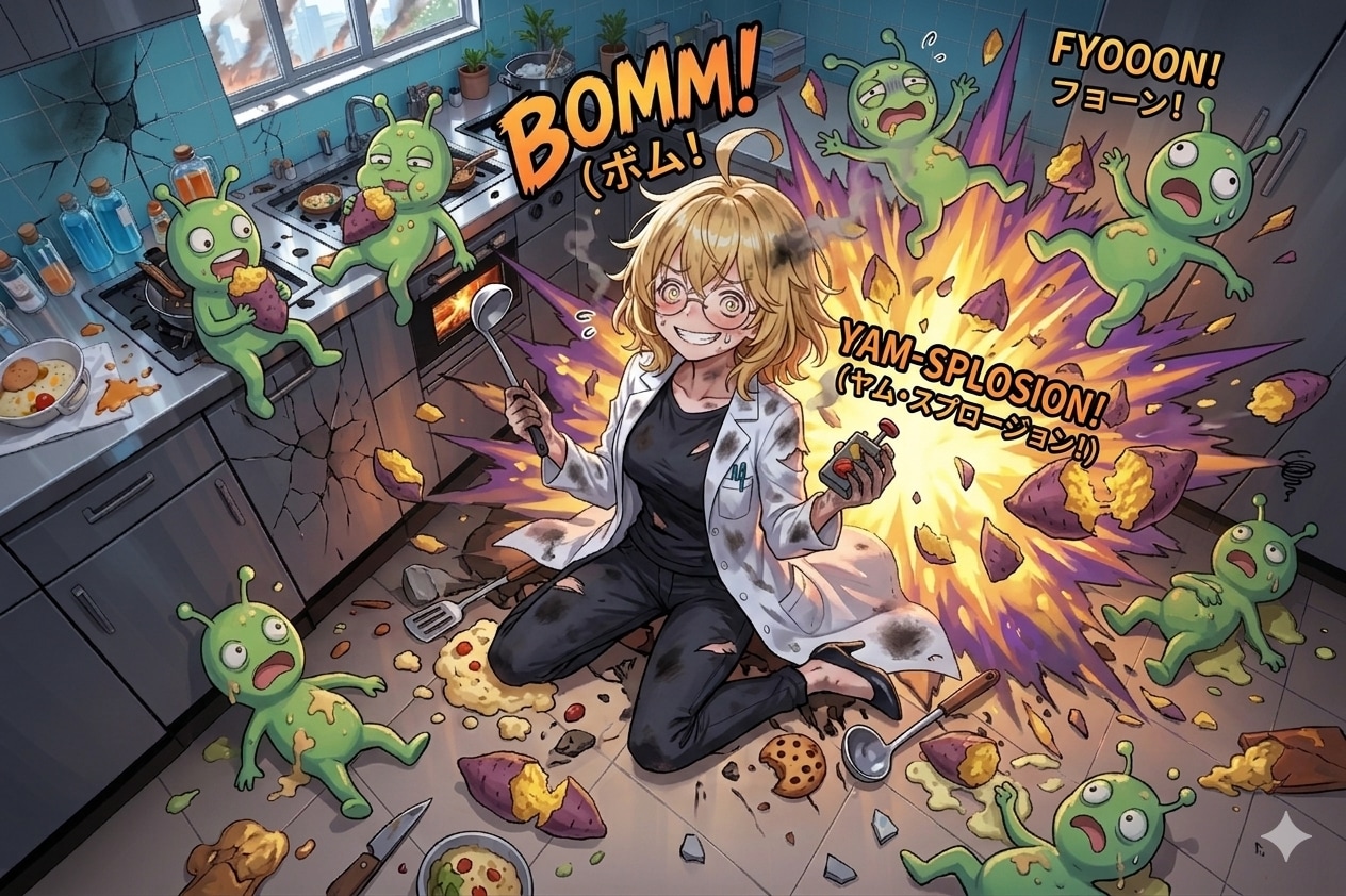 焼き芋のつまみ食いをしようとした宇宙人と抵抗する理久さん | の人気AIイラスト・グラビア
