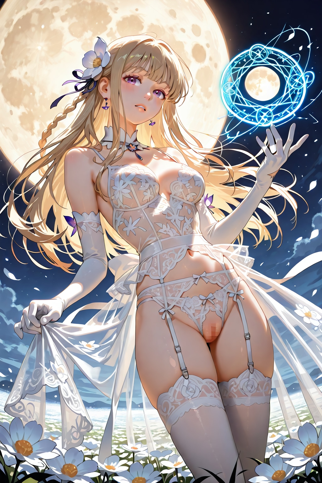 満月と花畑と魔法陣