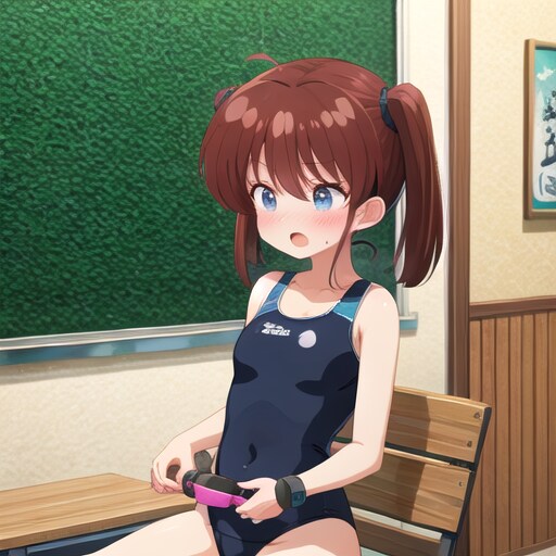 スクール水着姿でゲームしてる少女