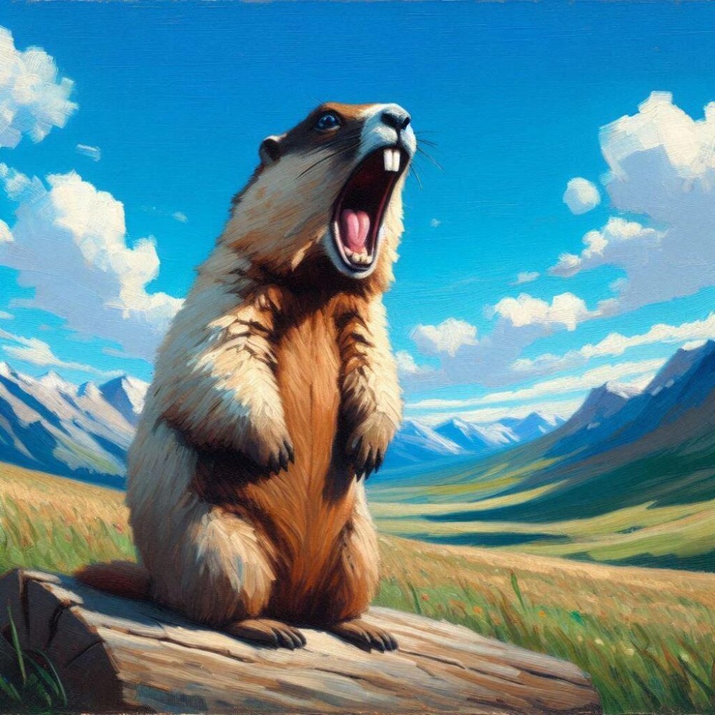 油絵風、学園親子マーモット