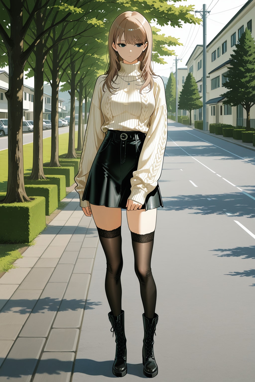 閑静、住宅街、並木道、爽やかな美女、ハイネックニットセーター、ハイウエストキュロットスカート、サイハイソックス、ショートブーツ