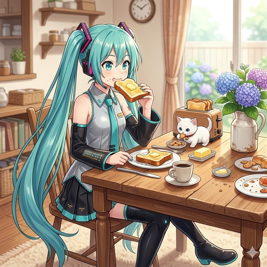 ねこたんと朝食するミクさん