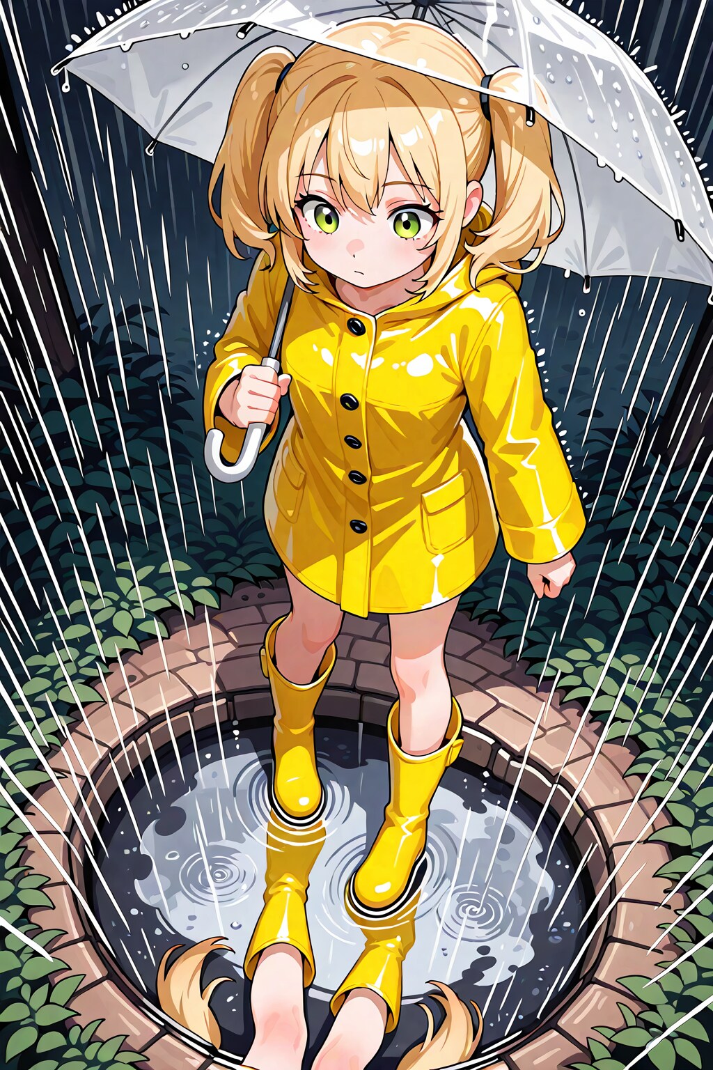 雨、傘、水たまり