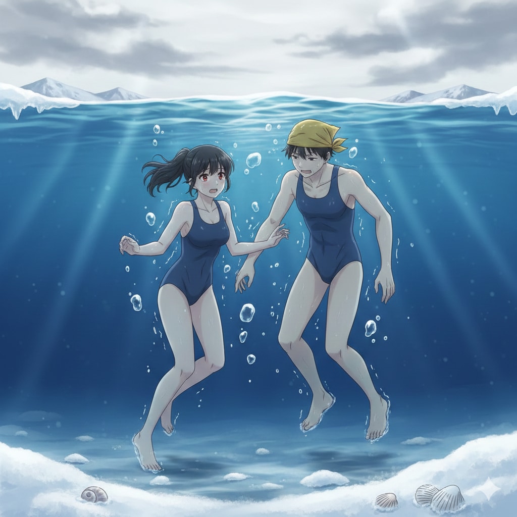 おそろいの水着で寒中水泳
