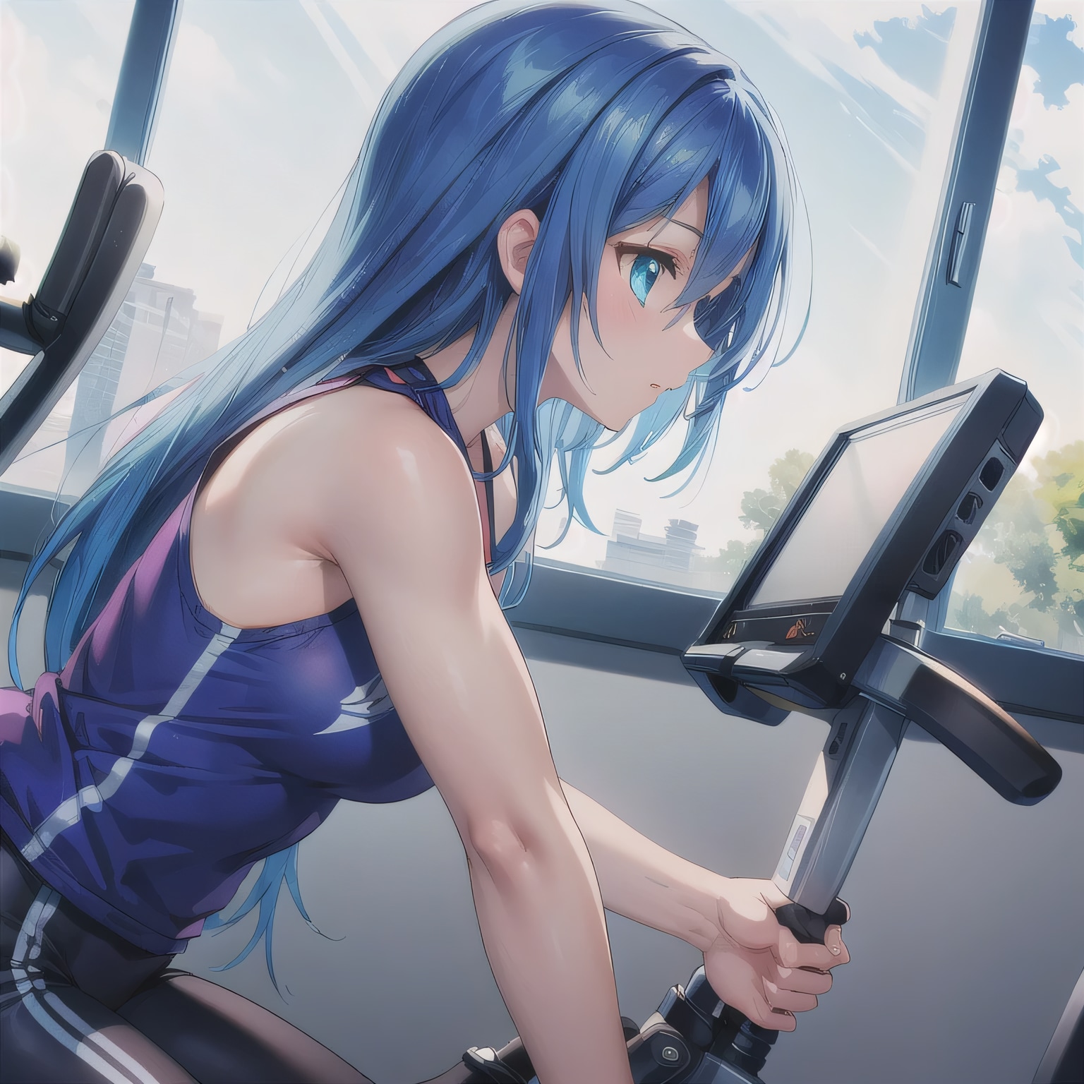 青髪ロングでエアロバイクの少女 | の人気AIイラスト・グラビア