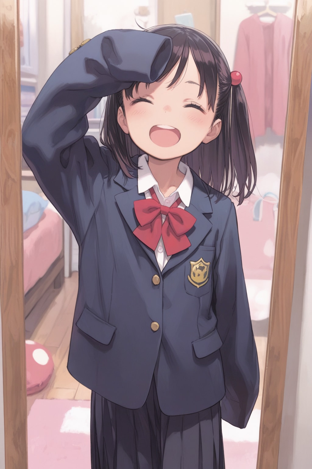 お姉ちゃんの制服を着て満足げな女の子