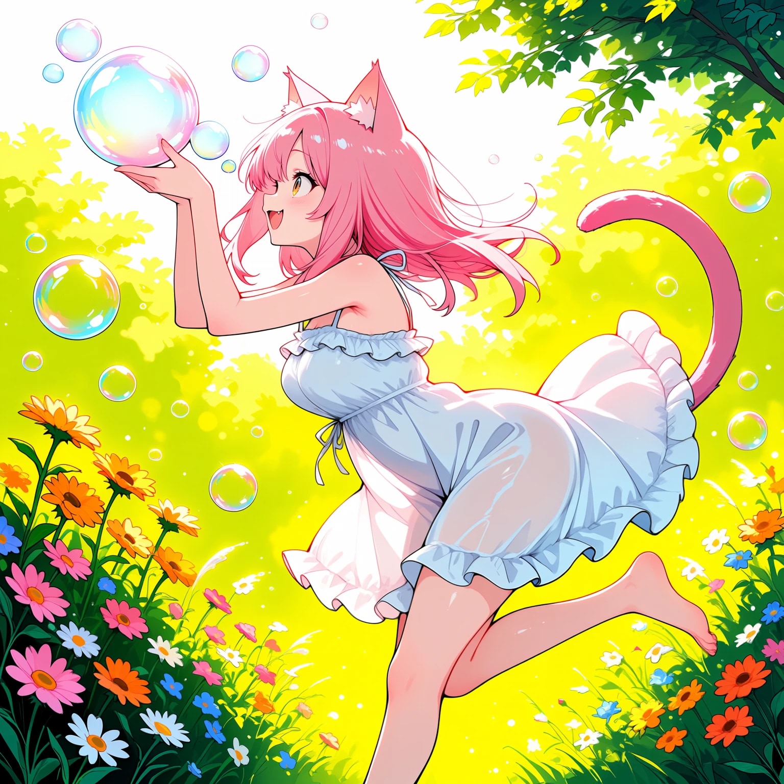シャボン玉にはしゃぐ猫耳さん