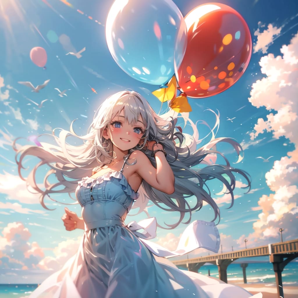 2つ風船を持つ白い髪ロングの美女。