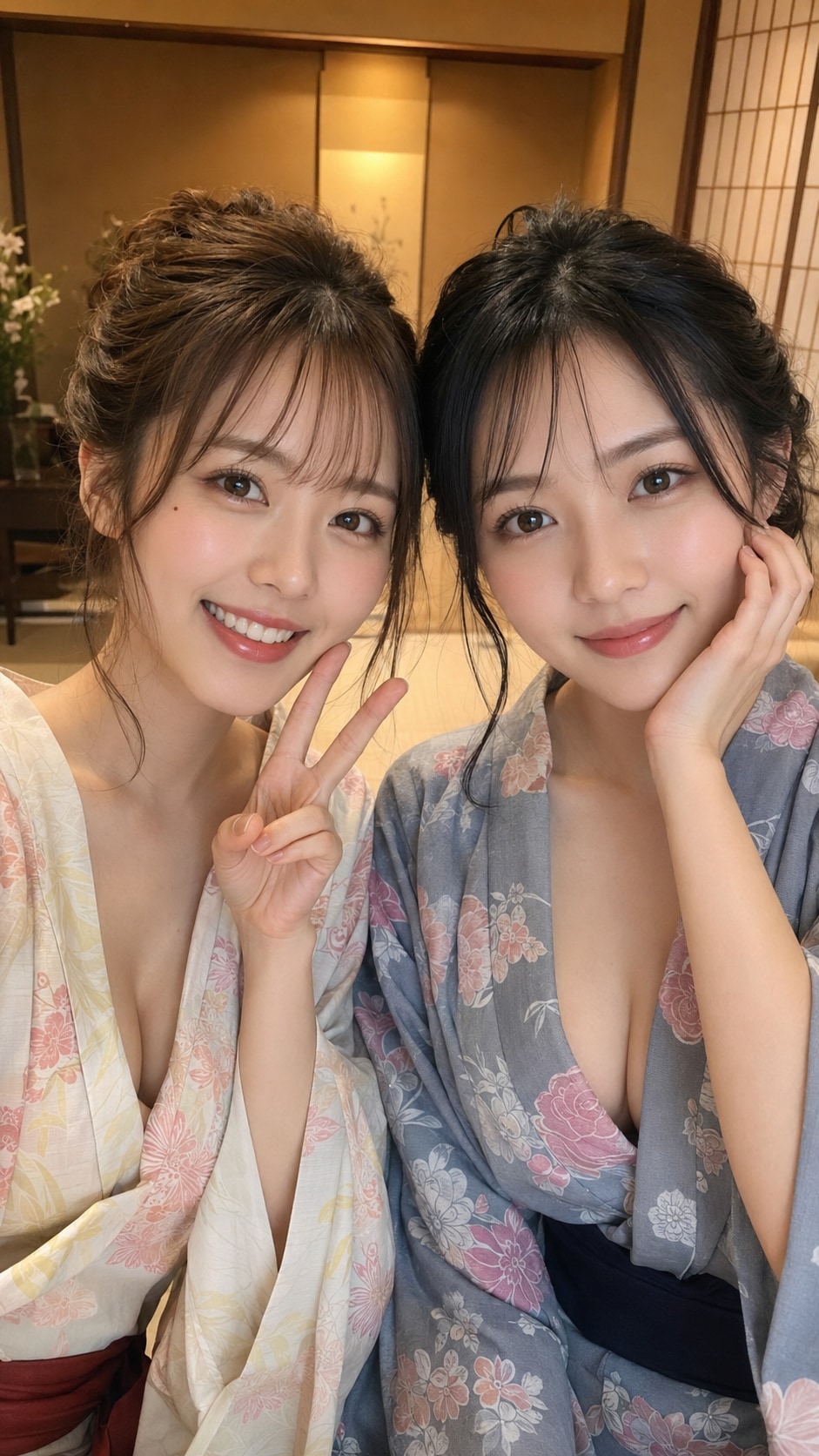 温泉旅館でのセルフィー