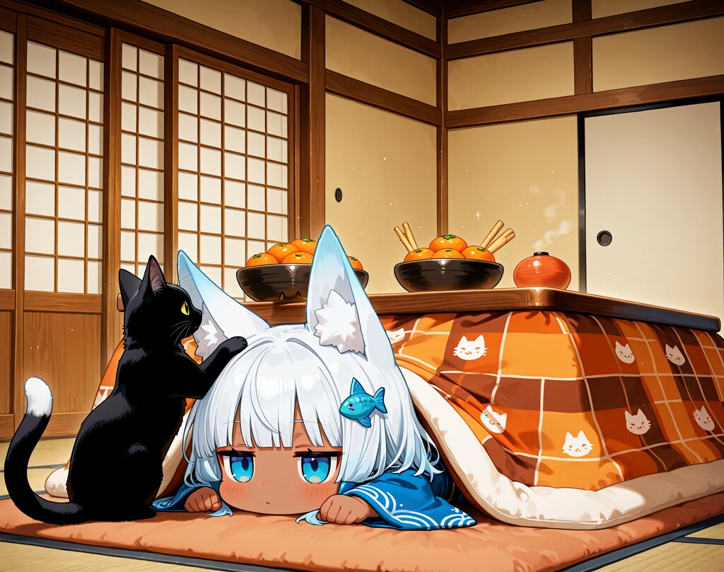 こたつと猫と白狐ちゃん