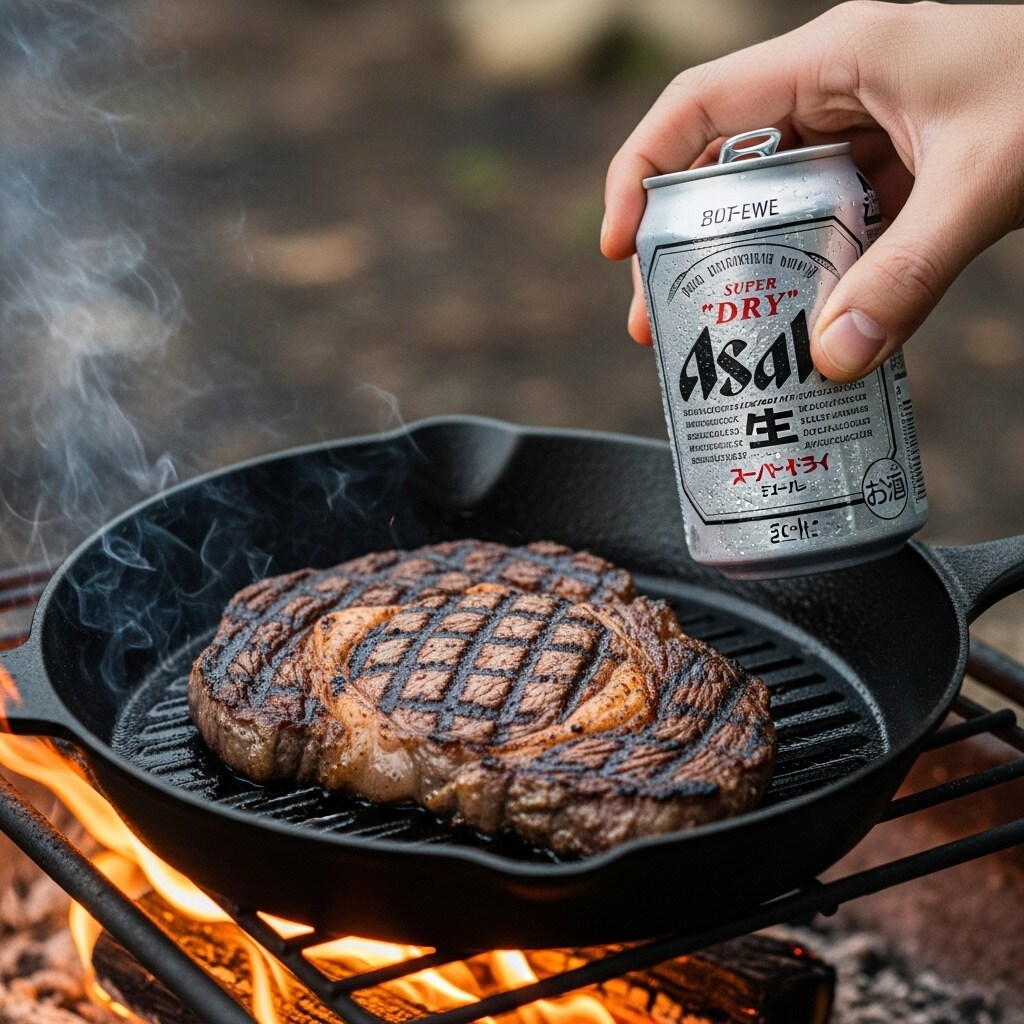 焚き火でステーキを焼いて缶ビールをキメる