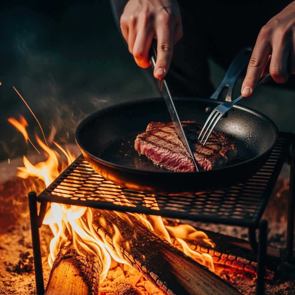 焚き火でステーキを焼いて缶ビールをキメる