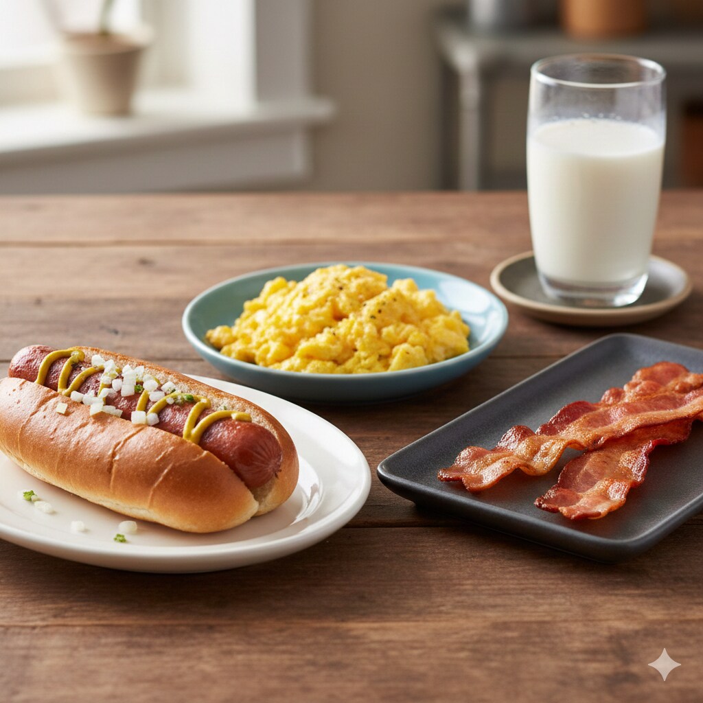 【朝食】ホットドック、スクランブルエッグ、カリカリベーコン、牛乳 | の人気AIイラスト・グラビア