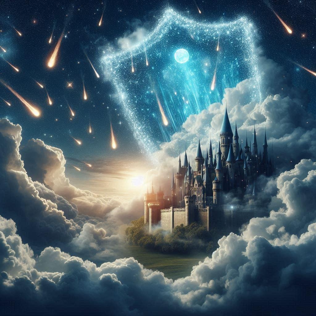 移動する天空城が飛来する隕石を体を張って受け止める