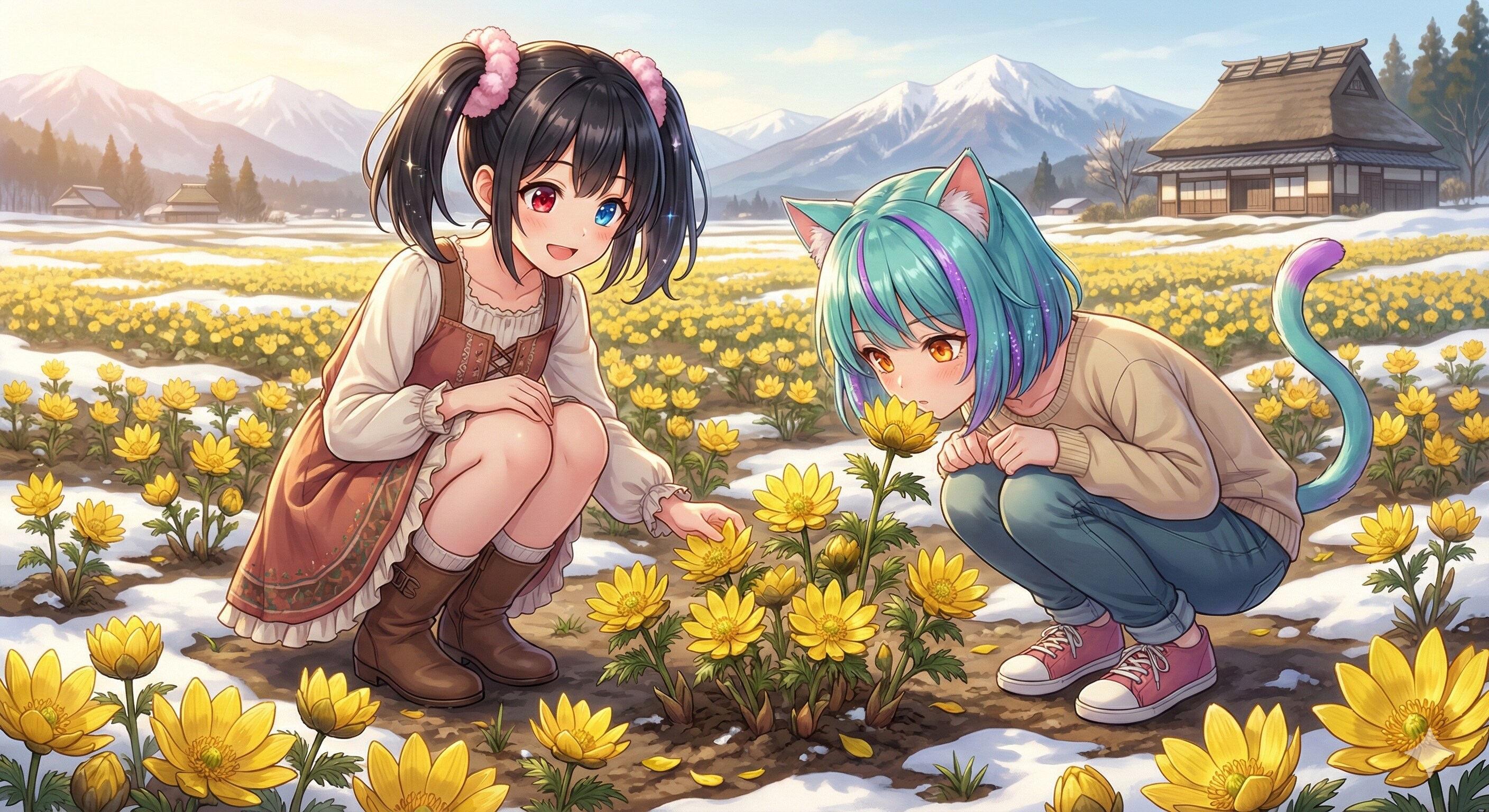 福寿草とアケちゃん ミケちゃん🌼 | の人気AIイラスト・グラビア